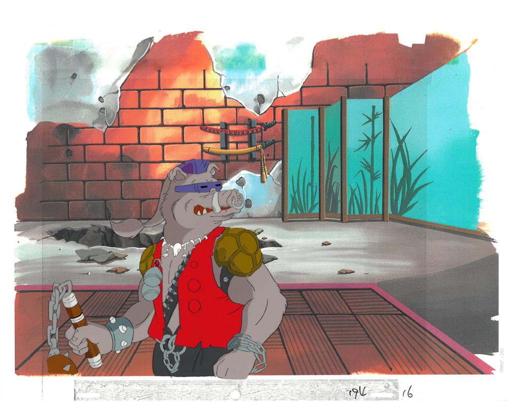 Bebop of (TMNT) Turtles- Original Production Cel: An original Teenage Mutant Ninja Turtle production cel. This cel depicts a frame from a scene in a Teenage Mutant Ninja Turtles cartoon episode. This frame features Bebop. Is produced by Murakami-Wolf