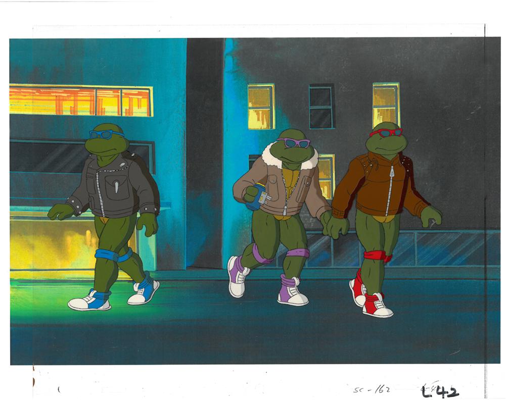 Raphael, Donatello and Leonardo of (TMNT) Turtles-: An original Teenage Mutant Ninja Turtle production cel. This cel depicts a frame from a scene in a Teenage Mutant Ninja Turtles cartoon episode. This frame features Raphael, Donatello and Leonardo. Is