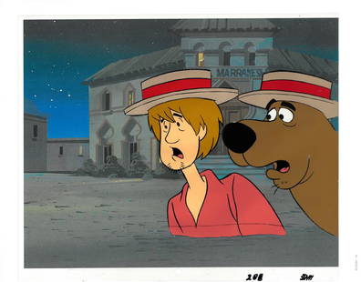 Scooby-Doo and Shaggy Original Production Cel: An original production cel from "The Thirteen Ghosts of Scooby Doo" with reproduction offset lithograph background. Featured is an original production cel on acetate depicting the Scooby-Doo and Shagg