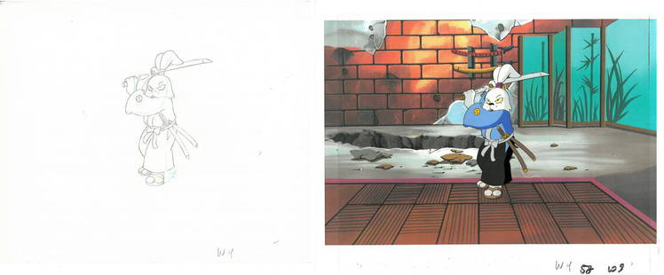 Miyamoto Usagi of (TMNT) Turtles- Original Production: An original Teenage Mutant Ninja Turtle production cel with matching drawing. This cel depicts a frame from a scene in a Teenage Mutant Ninja Turtles cartoon episode. This frame features Miyamoto Usag