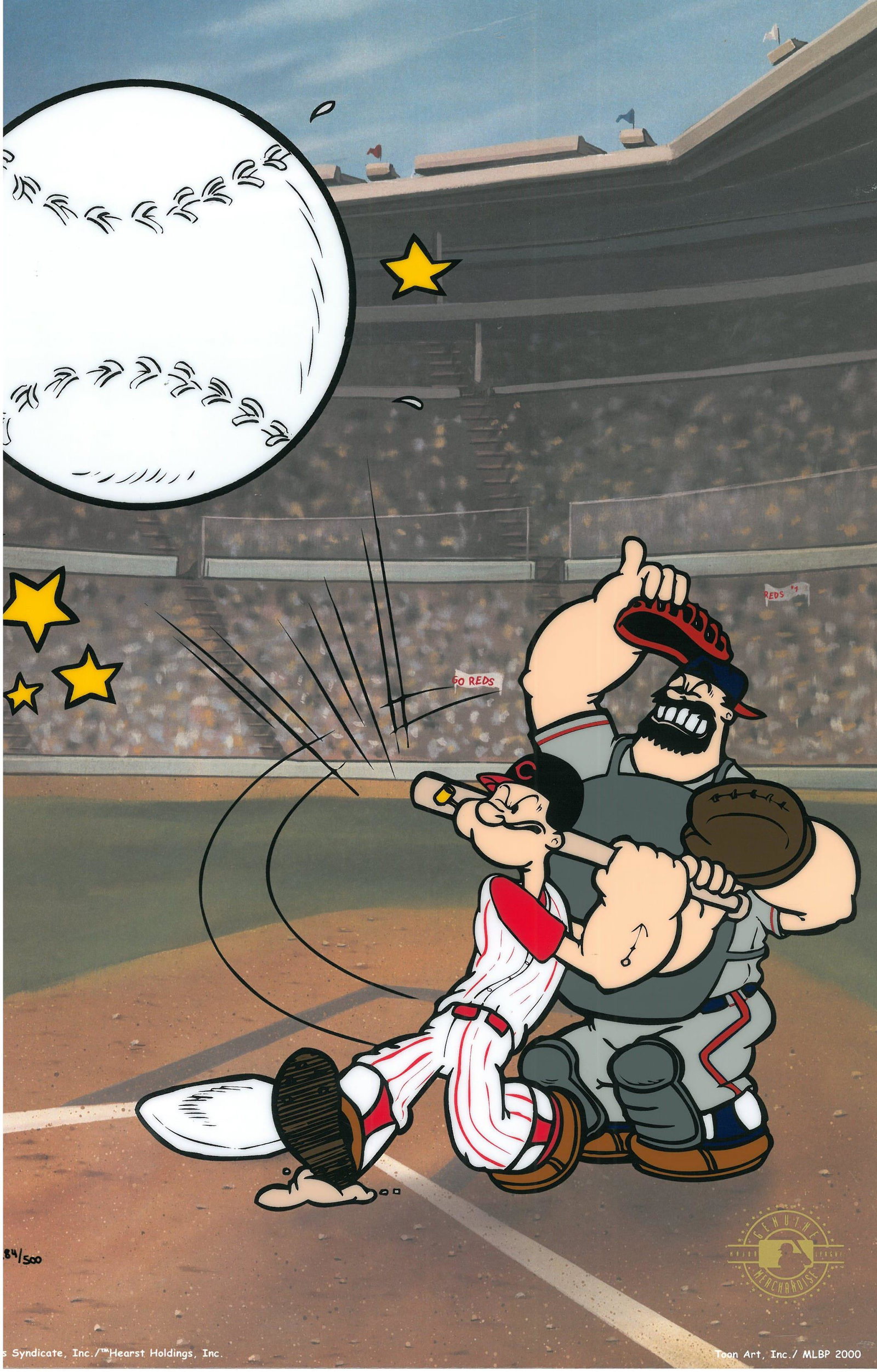 Cincinnati Reds - Popeye Homerun - Sericel: This 16-field Cincinnati Reds themed sericel is entitled "Homerun Popeye." This sericel began with a drawing from Myron Waldman. This drawing was then converted to a sericel with a lithographic backgr