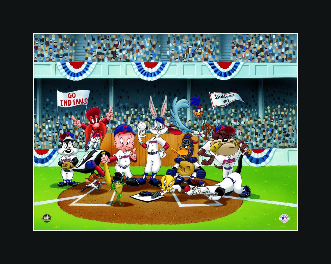 Looney Tunes Cleveland Indians Line-Up Fine Art Giclee: A Warner Bros. Fine Art Giclee entitled " Line-Up At the Plate ." This image features the Looney Tunes dressed as Cleveland Indian players lined up on the field. Is licensed by both Warner Bros, and M