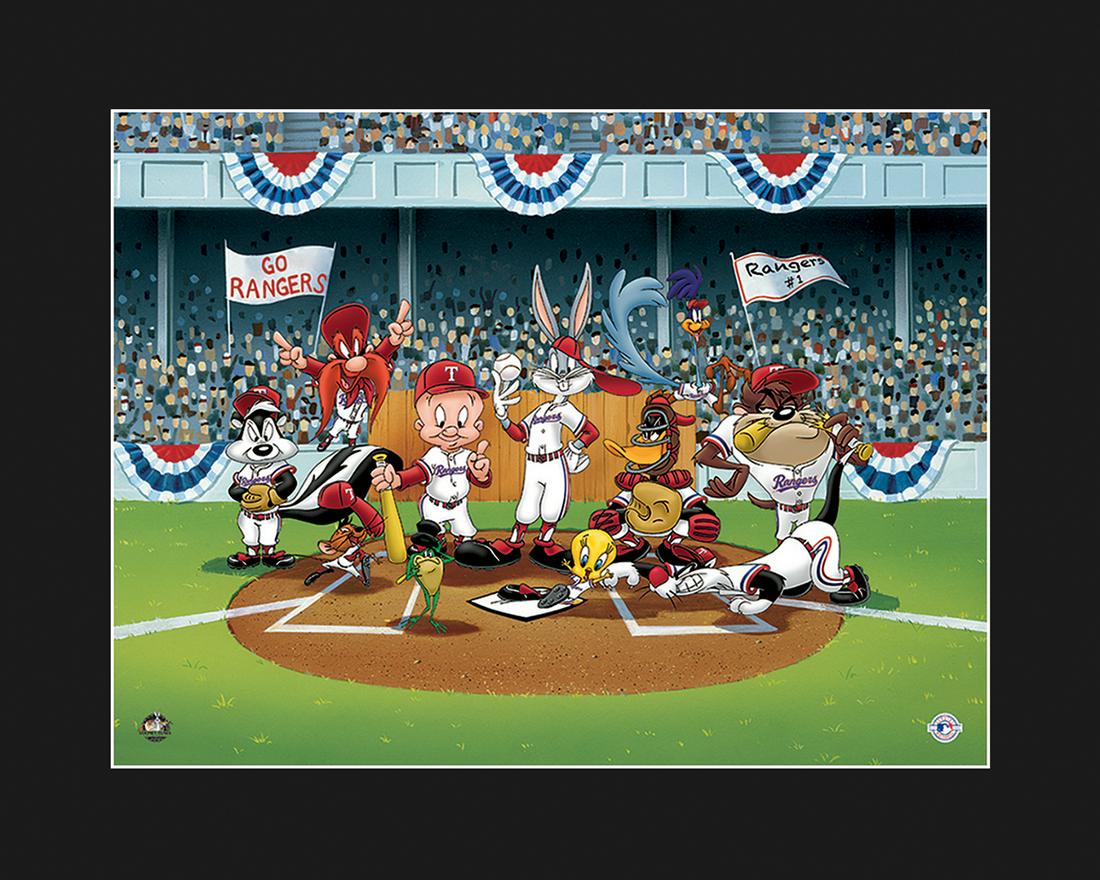 Looney Tunes Texas Rangers Line-Up Fine Art Giclee: A Warner Bros. Fine Art Giclee entitled " Line-Up At the Plate ." This image features the Looney Tunes dressed as Texas Ranger players lined up on the field. Is licensed by both Warner Bros, and MLB.