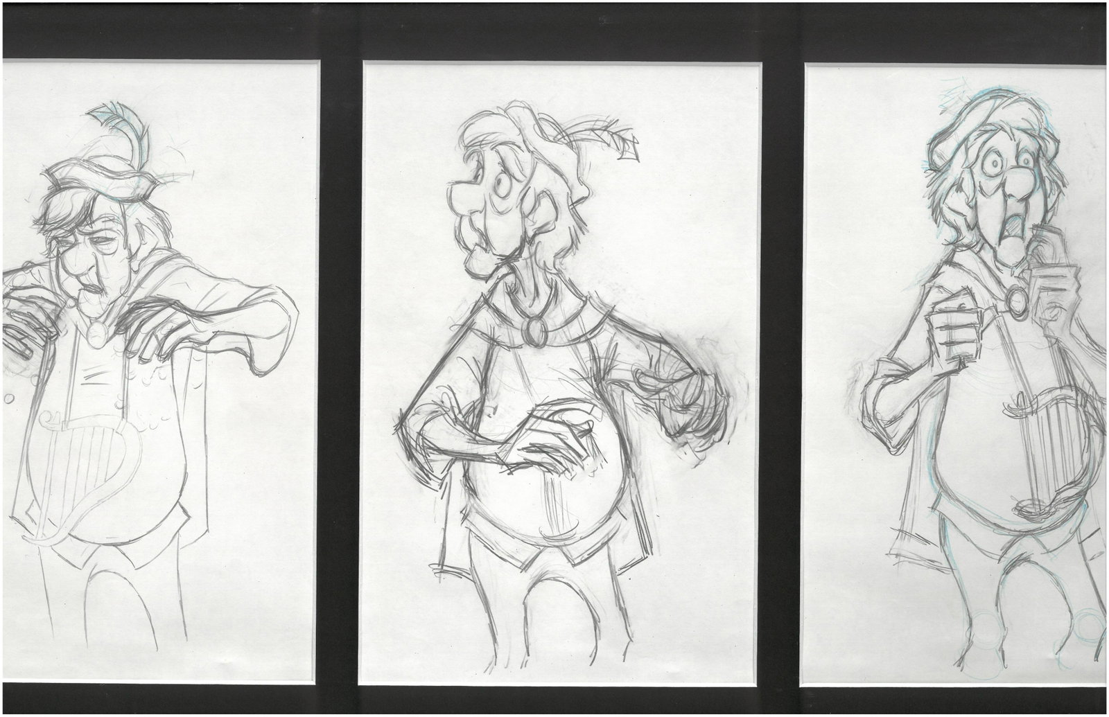 Black Cauldron - Fflewddur- Original Production: Three original production drawings from the 1985 Disney film "Black Cauldron." These drawings feature Fflewddur, a bard with a magic harp. These drawings are presented in a triple aperture and come wi