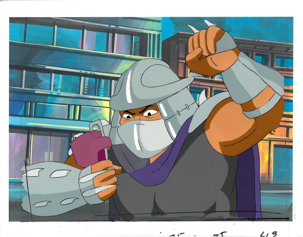 Shredder of (TMNT) Turtles- Original Production Cel: An original Teenage Mutant Ninja Turtle production cel. This cel depicts a frame from a scene in a Teenage Mutant Ninja Turtles cartoon episode. This frame features Shredder . Is produced by Murakami-
