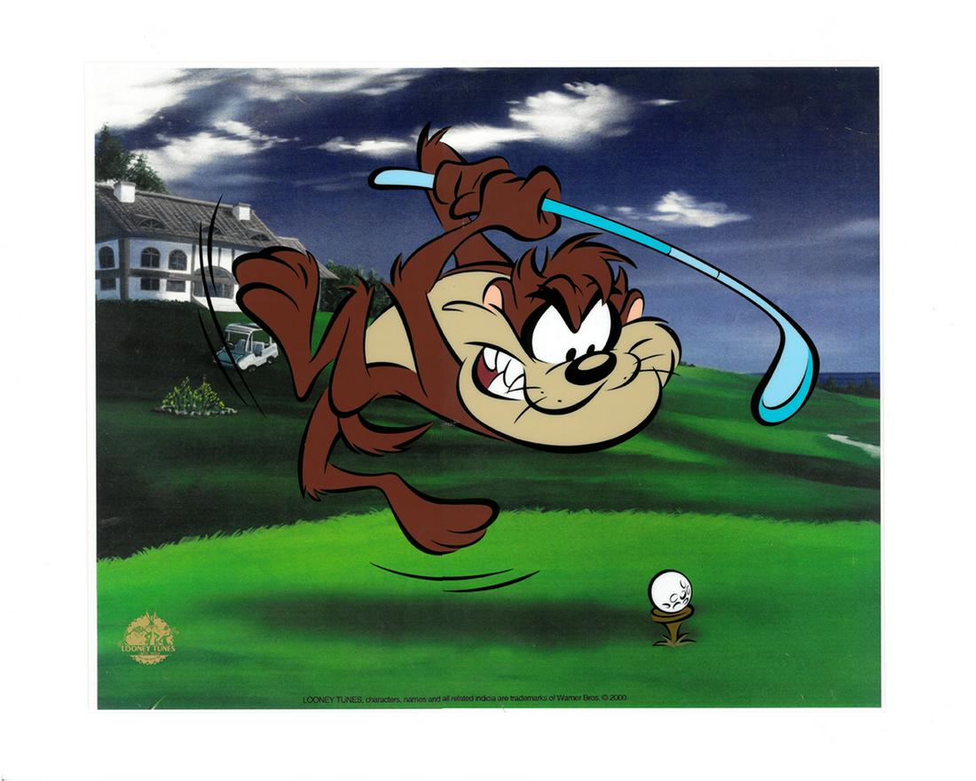 Warner Bros.-Tee-Off Taz - Fine Art Sericel: A Warner Bros. 16-Field fine art limited edition sericel entitled " Tee-Off Taz ." This sericel is registered to a lithograph background and limited to 750 pieces. Is presented numbered with certifica