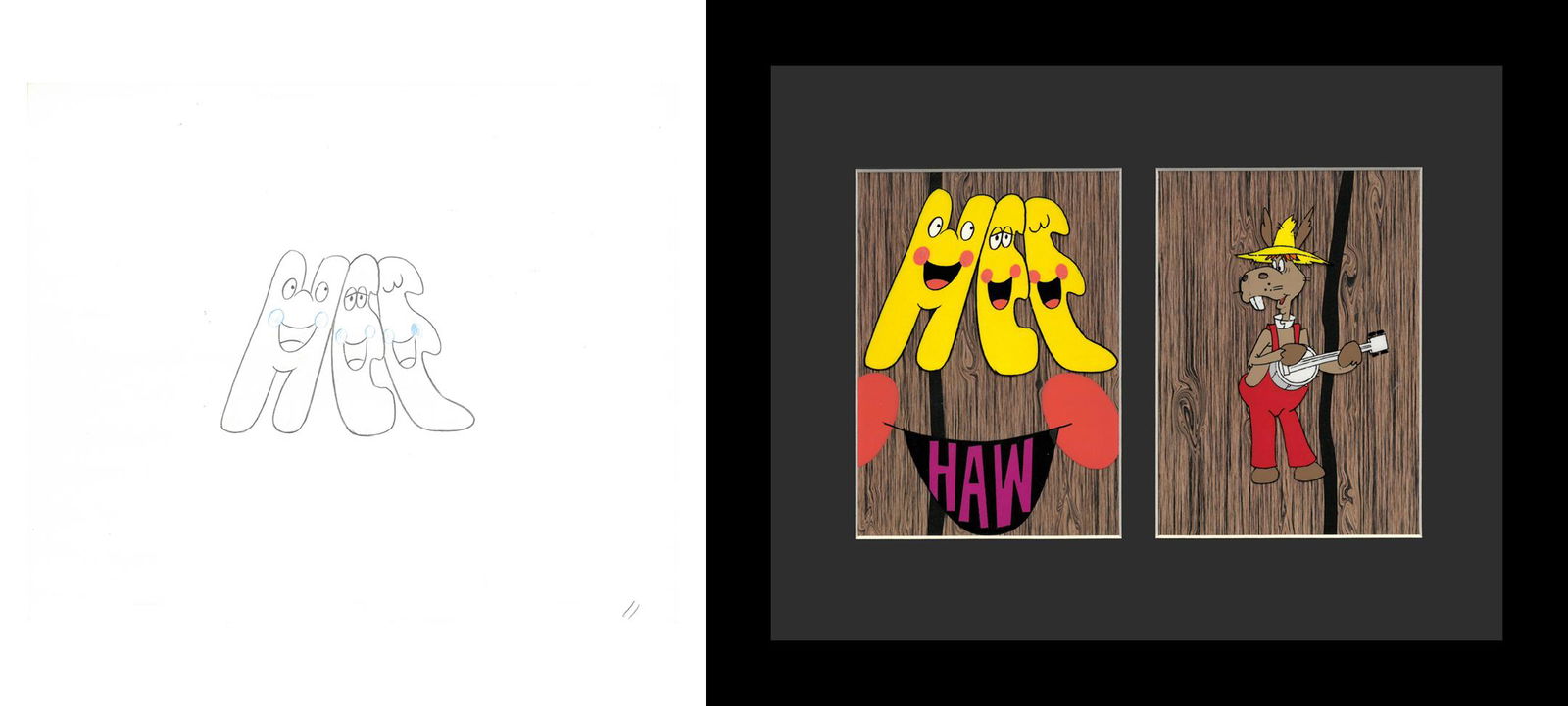 Hee-Haw Original Production Cels-Double Aperture: A set of a 2 original production cels from the Television Show " Hee-Haw" 1969. Welcome to Hee Haw! Starring Roy Clark and Buck Owens , Country-themed comedy series that premiered on 6/15/69 on CBS. I