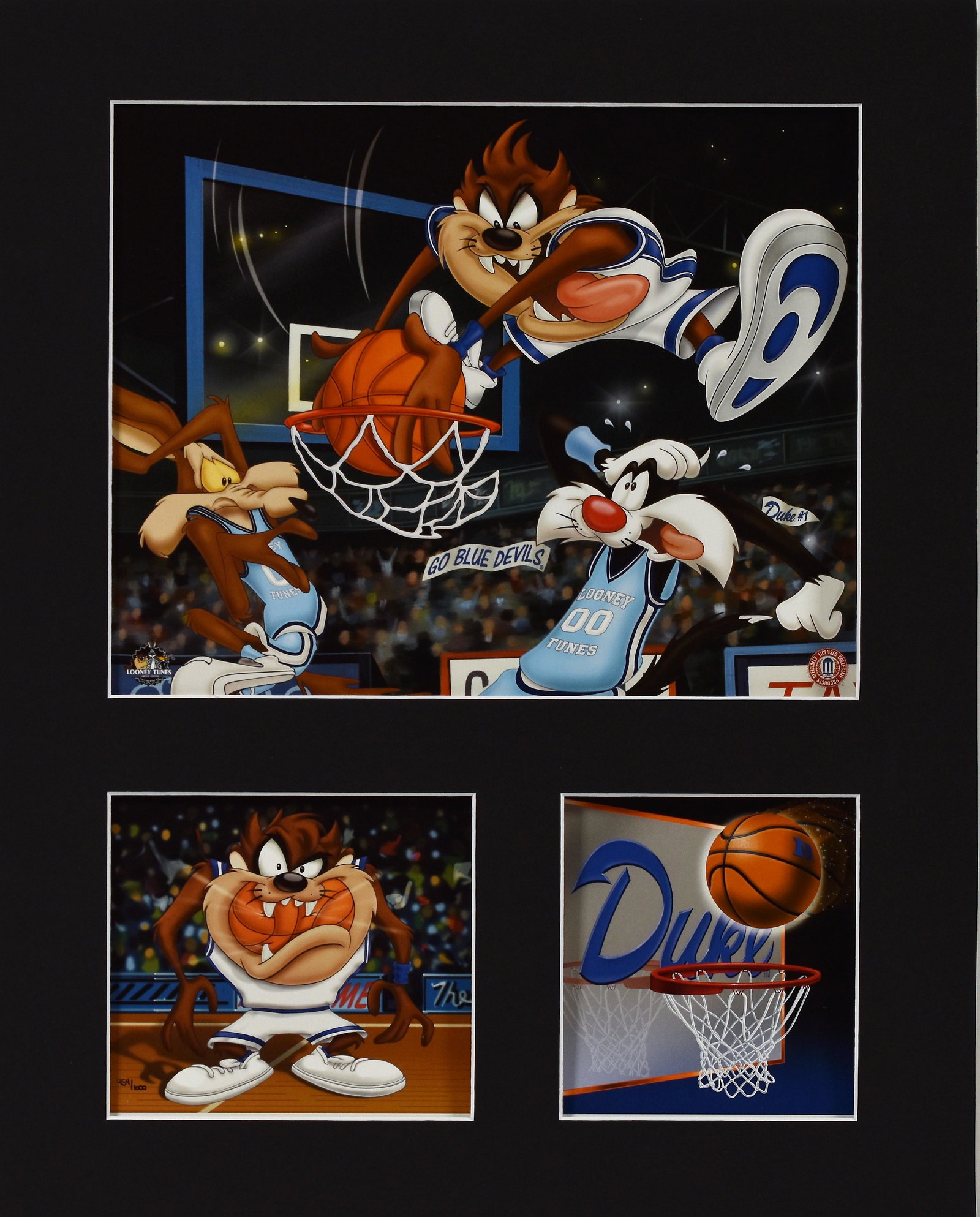 Duke L.E. Warner Bros. Basketball Lithograph: A limited edition Looney Tunes college basketball-themed offset lithograph features Looney Tunes characters as players for Duke University and an opposing team, with Taz flying through the air to dunk