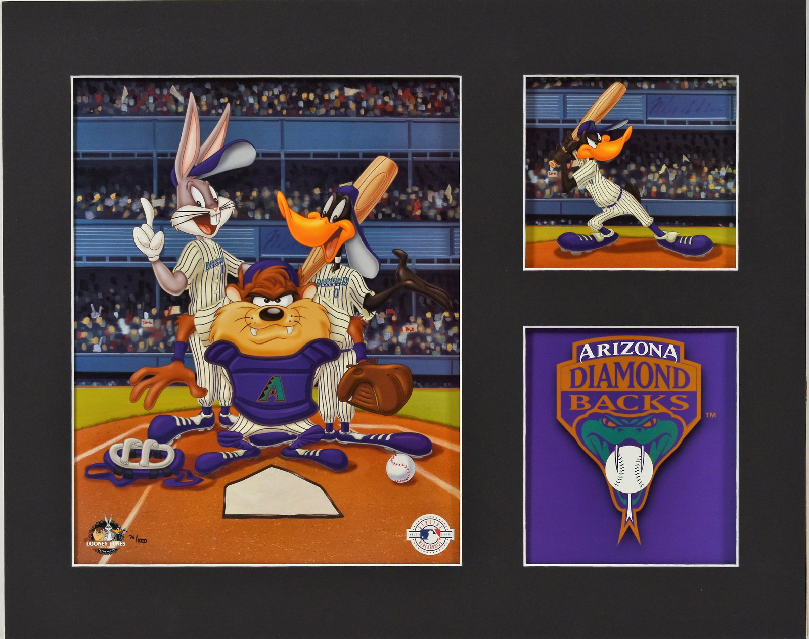 Warner Bros .Arizona Diamondbacks Matted L.E.: A matted Warner Bros. Looney Tunes lithograph. This three image lithograph features a large image of Taz, Bugs Bunny and Daffy Duck dressed as Arizona Diamondbacks players, the second smaller images f