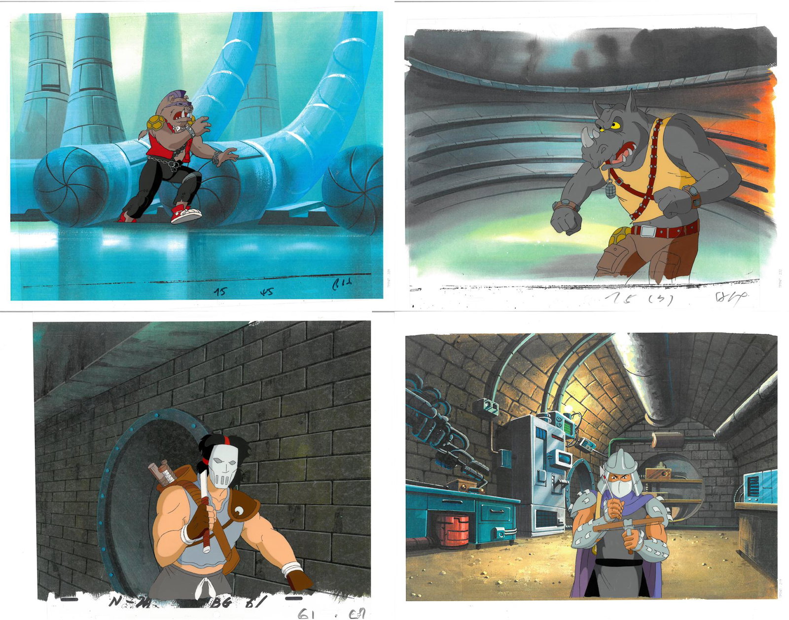 TMNT-Set of 4 -Casey Jones, Bebop, Rocksteady,: 4 original Teenage Mutant Ninja Turtle production cels. These cels depict a frame from a scene in a Teenage Mutant Ninja Turtles cartoon episodes. The characters featured Casey Jones, Bebop, Rockstead
