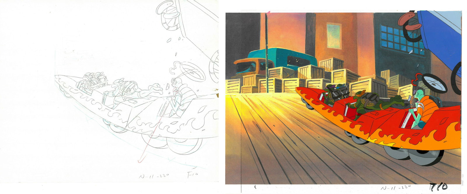All 4 -Leonardo, Donatello, Raphael and Michaelangelo: All 4 original Teenage Mutant Ninja Turtle production cels with matching drawing. This cel depicts a frame from a scene in a Teenage Mutant Ninja Turtles cartoon episodes. The characters featured are 
