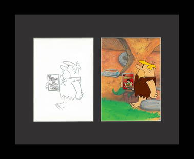 Flintstones - Barney - Original Cel & Drawing: An Original Framed Production Cel and Drawing of Barney Rubble. These were used in the Hanna-Barbera TV Fruit Drink Commercials "Flintstones Fruity Fizz" which aired in the 1980's. They were produced