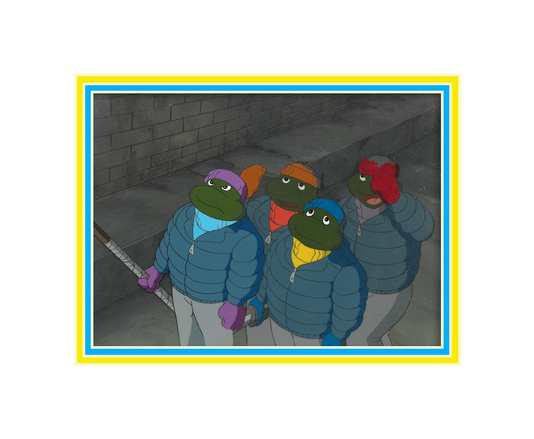 TMNT - All 4 Turtles - Original Production Cel: An original Teenage Mutant Ninja Turtle production cel. This cel depicts a frame from a scene in a Teenage Mutant Ninja Turtles cartoon episode. This frame features Raphael, Donatello, Michelangelo an