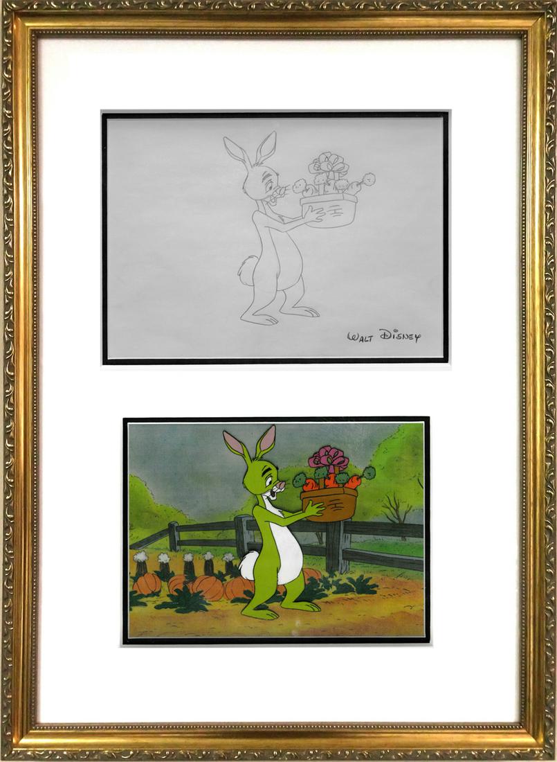 Winnie The Pooh - Pooh & Rabbit- Original Production: This cel and matching drawing were used in the production of "Winnie the Pooh Educational Series" circa early 1980's and features a facsimile "studio" signature of Walt Disney. The drawing was done by