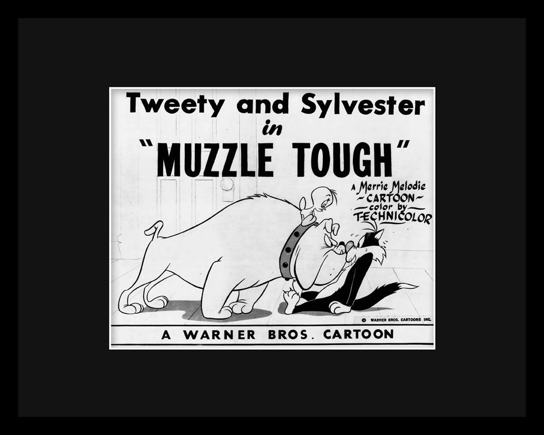 Sylvester and Tweety - Muzzle Tough- Original Lobby: An original Warner Bros. Looney Tune Lobby Card entitled "Muzzle Tough." Muzzle Tough is a Merrie Melodies technicolor cartoon directed by Friz Freleng. Muzzle Tough is a cartoon featuring Tweety and 