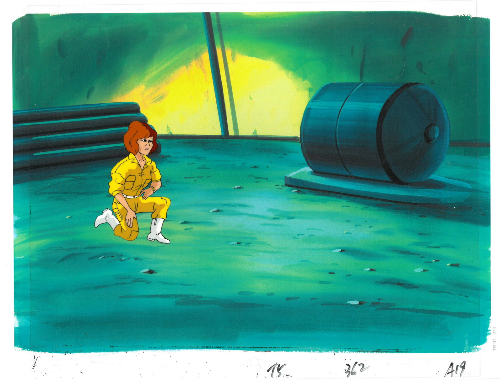 April of (TMNT) Turtles- Original Production: An original Teenage Mutant Ninja Turtle production cel with matching drawing. This cel depicts a frame from a scene in a Teenage Mutant Ninja Turtles cartoon episode. This frame features April . Is pr