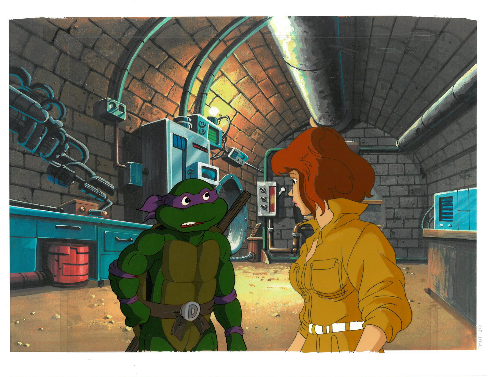 Donatello & April of (TMNT) Turtles- Original: An original Teenage Mutant Ninja Turtle production cel. This cel depicts a frame from a scene in a Teenage Mutant Ninja Turtles cartoon episode. This frame features Donatello and April . Is produced b