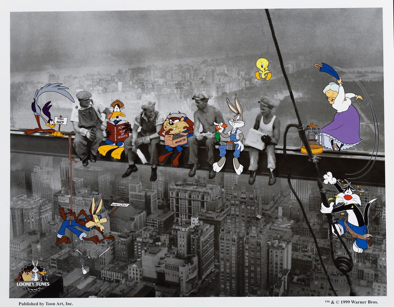 Lunchbreak - Warner Bros. -NY Rockefeller Litho: A Warner Bros . lithograph entitled " Lunchbreak " featuring the Looney Tunes taking a break with crew after a hard morning constructing the New York City's Rockefeller Center. This original photo was