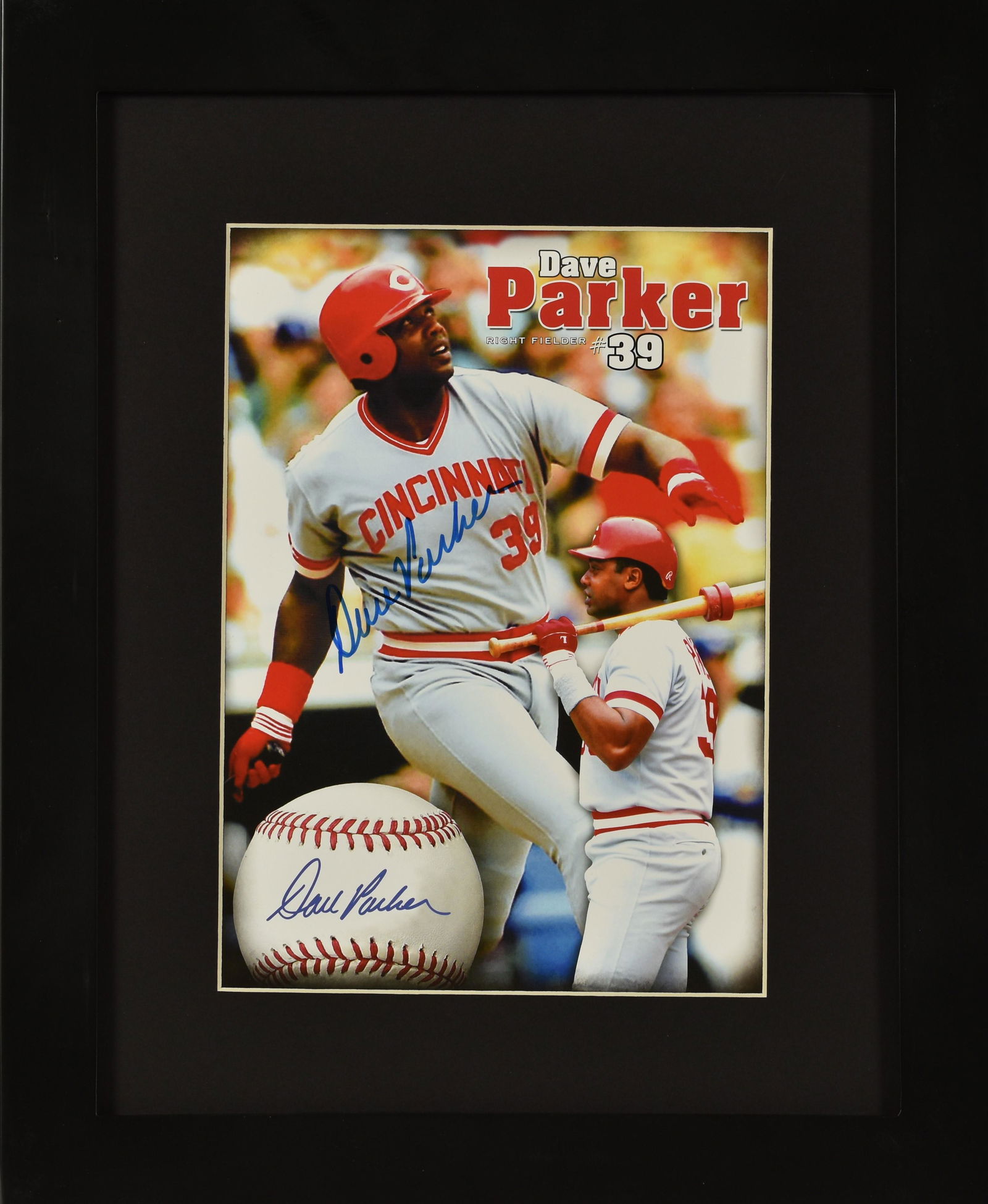 Cincinnati Reds -Dave Parker Signed Framed Lithograph: A signed Cincinnati Reds, Dave Parker lithograph. This lithograph collage features Parker swinging a bat and an image of him with the bat resting on his shoulder. Parker has signed in blue sharpie acr