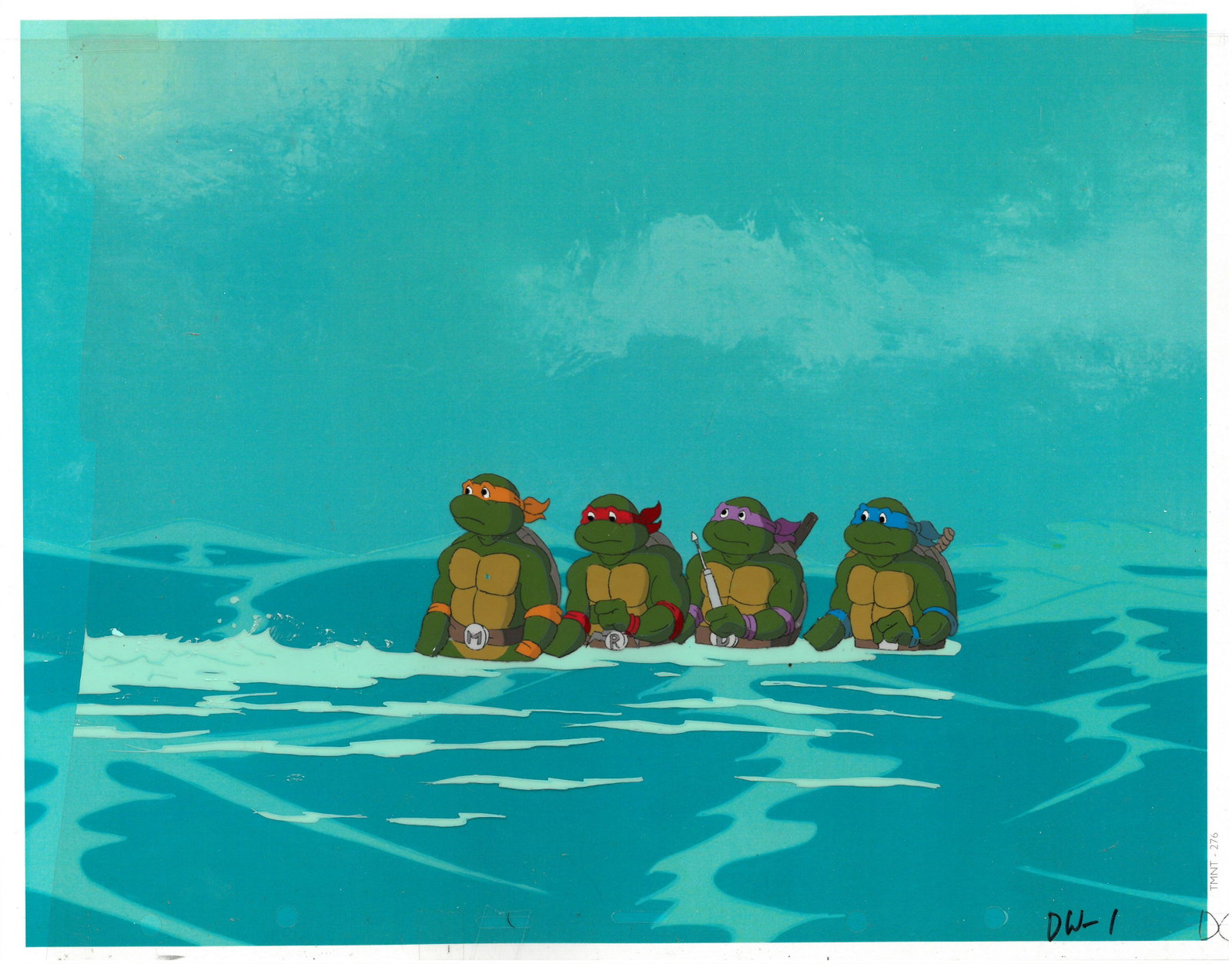 Raphael, Donatello and Leonardo and Michelangelo of: An original Teenage Mutant Ninja Turtle production cel. This cel depicts a frame from a scene in a Teenage Mutant Ninja Turtles cartoon episode. This frame features Raphael, Donatello, Michelangelo an