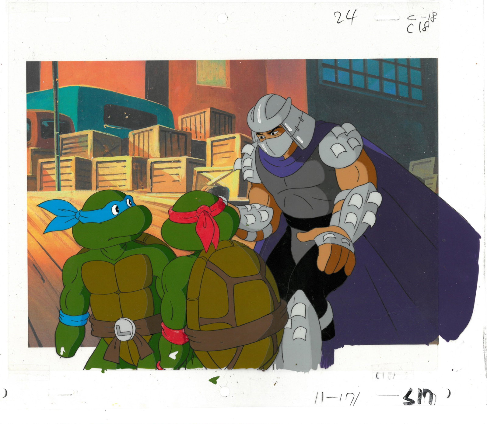 Leonardo, Raphael and Shredder of (TMNT) Turtles-: An original Teenage Mutant Ninja Turtle production cel. This cel depicts a frame from a scene in a Teenage Mutant Ninja Turtles cartoon episode. This frame features Leonardo, Raphael and Shredder . Is