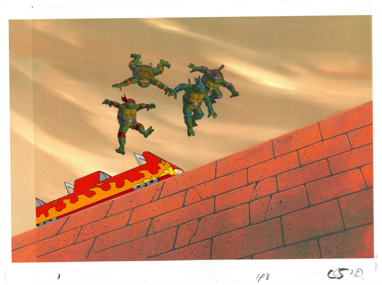 Raphael, Michelangelo, Donatello and Leonardo of (TMNT): An original Teenage Mutant Ninja Turtle production cel. This cel depicts a frame from a scene in a Teenage Mutant Ninja Turtles cartoon episode. This frame features Raphael, Michelangelo, Donatello an