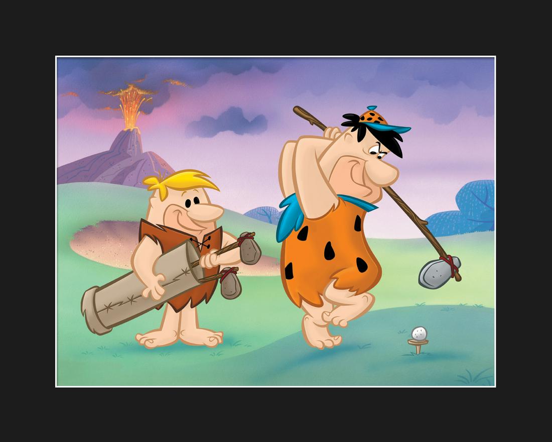Flintstones Giclee- Fred and Barney Golfing: A Hanna-Barbara limited edition giclee entitled " Fred and Barney Golfing ." The Flintstones is an animated prime-time American television sitcom that ran from 1960-1966. This special piece is limited