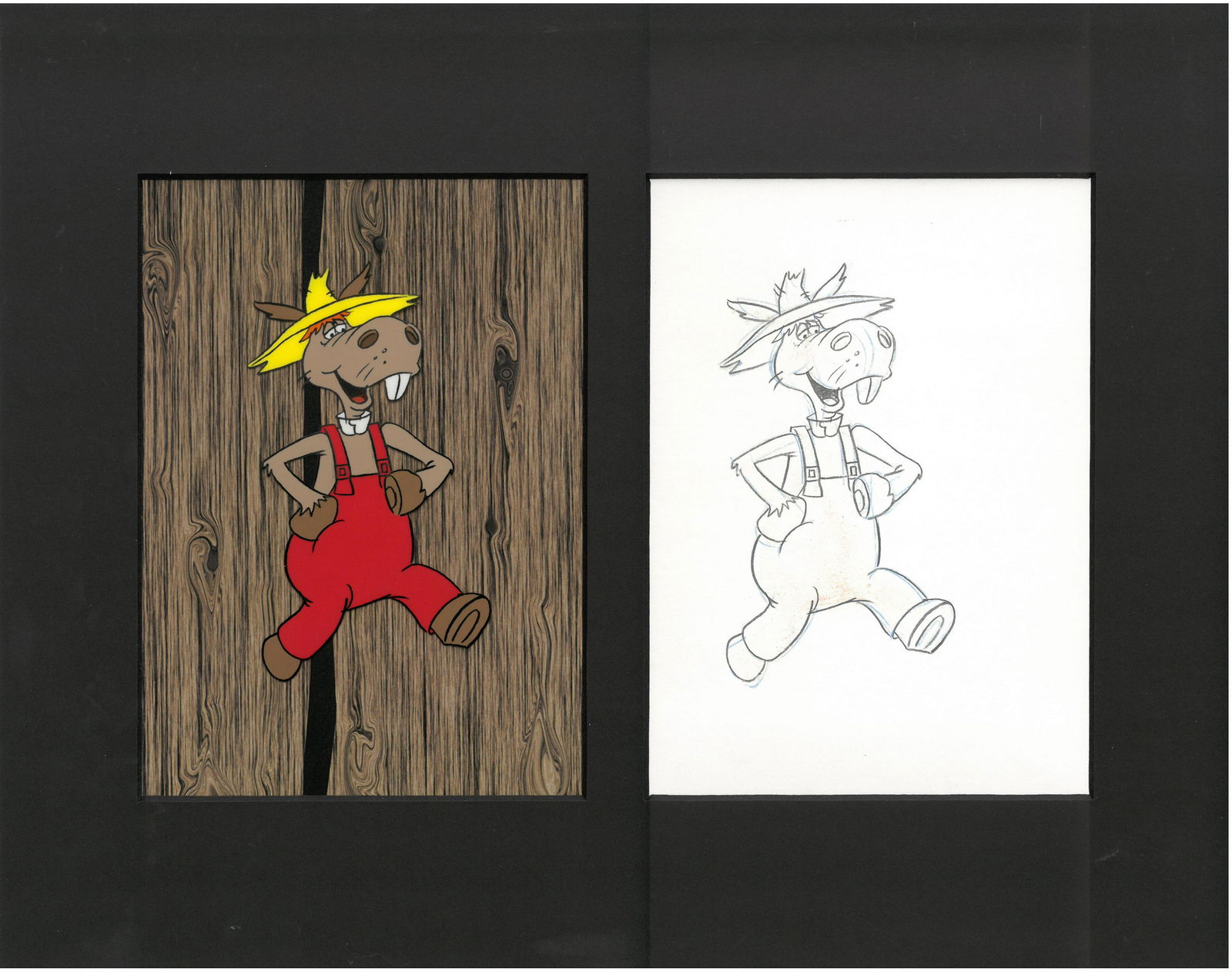 Hee-Haw Production Original Cels-Matted: An original production cel with matching drawing from the Television Show " Hee-Haw" 1969. Welcome to Hee Haw! Starring Roy Clark and Buck Owens , Country-themed comedy series that premiered on 6/15/6