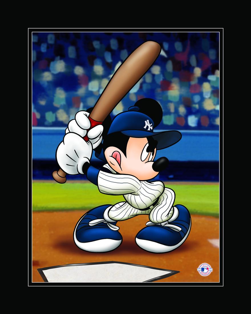 Mickey Mouse - Yankees At the Plate: This limited edition lithograph is entitled "Mickey at the Plate." This image features Mickey Mouse as a Yankees player at bat. This edition is limited to 500 pieces and is number 25. Is presented mat