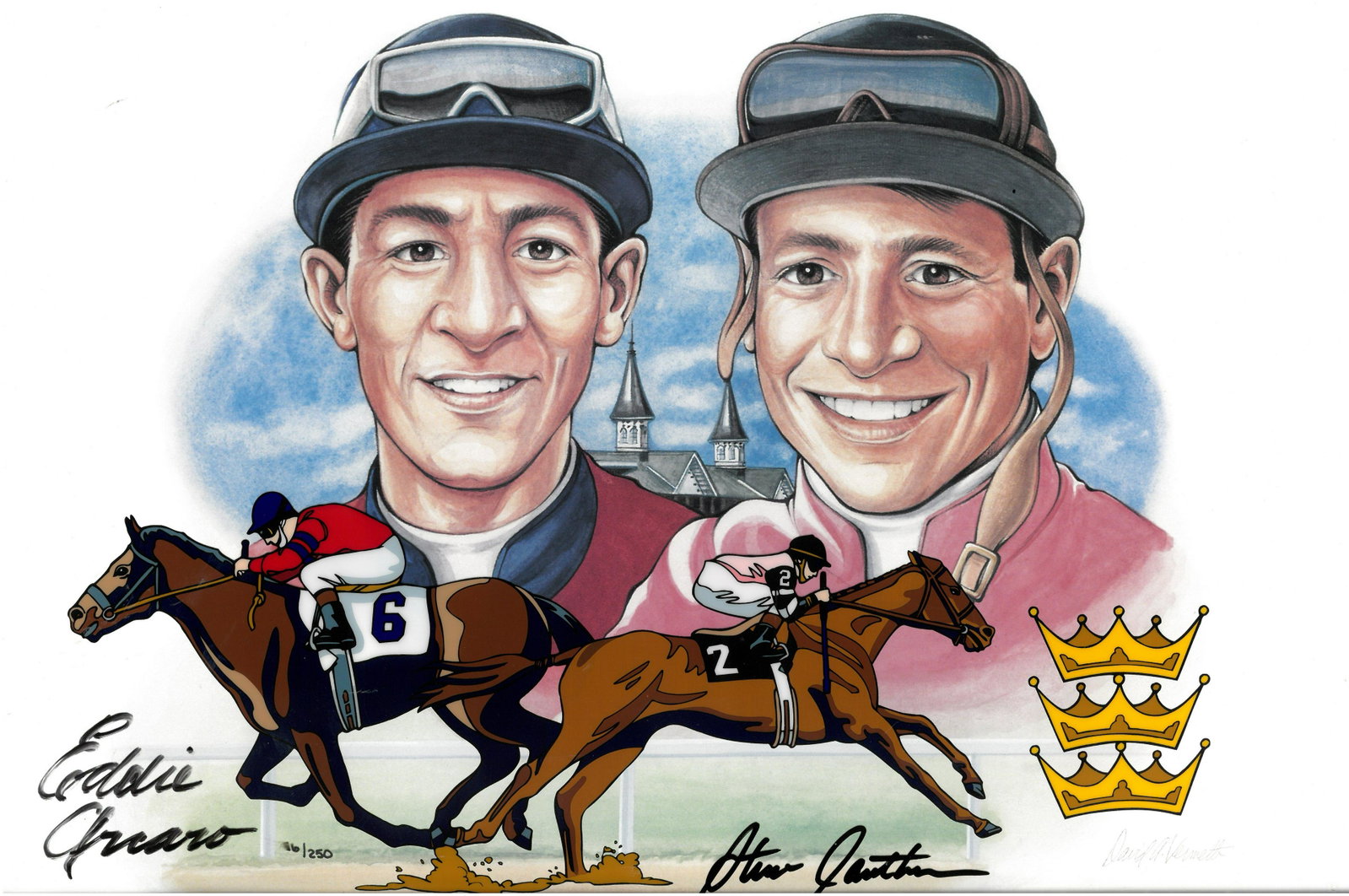 Crowning Moments - Signed - Steve Cauthen and Eddie: This signed limited edition sericel is entitled "Crowning Moments." It pays tribute to two triple crown winners; Steve Cauthen and Eddie Arcaro. The sericel overlays a lithograph background. Has been 