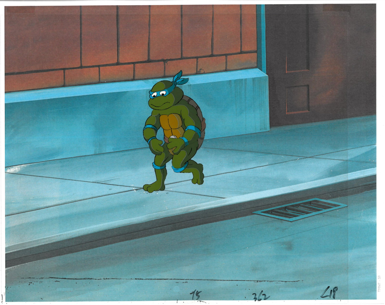 Leonardo of (TMNT) Turtles- Original Production: An original Teenage Mutant Ninja Turtle production cel with matching drawing. This cel depicts a frame from a scene in a Teenage Mutant Ninja Turtles cartoon episode. This frame features Leonardo . Is