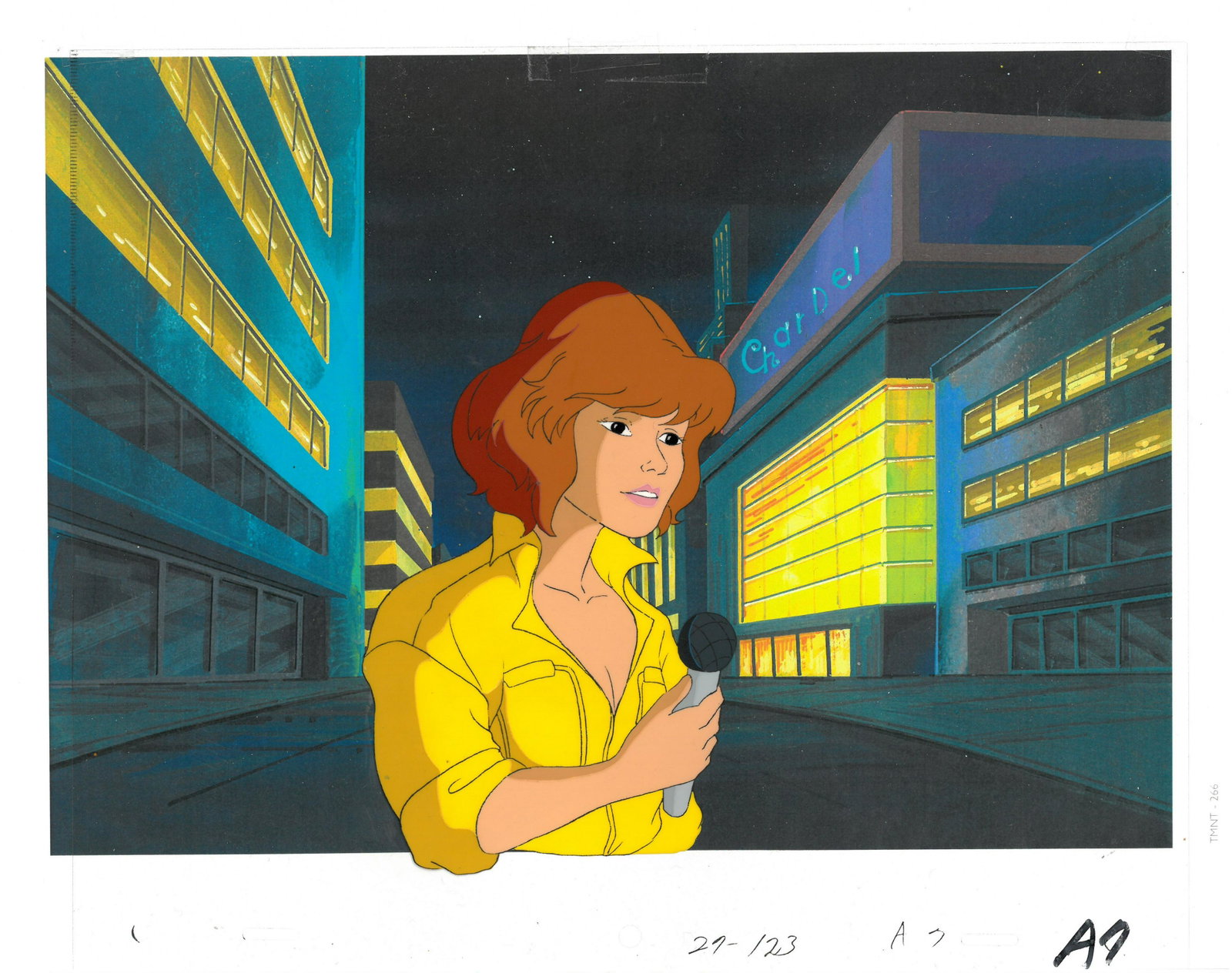 April of (TMNT) Turtles- Original Production: An original Teenage Mutant Ninja Turtle production cel with matching drawing. This cel depicts a frame from a scene in a Teenage Mutant Ninja Turtles cartoon episode. This frame features April . Is pr