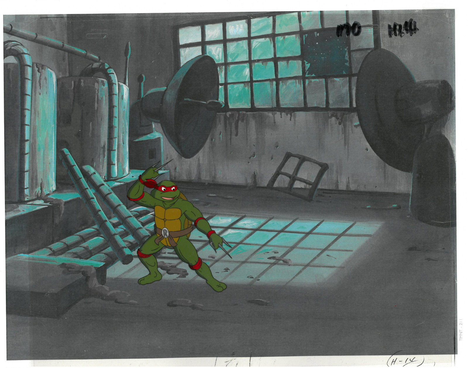 Raphael of (TMNT) Turtles- Original Production Cel: An original Teenage Mutant Ninja Turtle production cel. This cel depicts a frame from a scene in a Teenage Mutant Ninja Turtles cartoon episode. This frame features Raphael . Is produced by Murakami-W