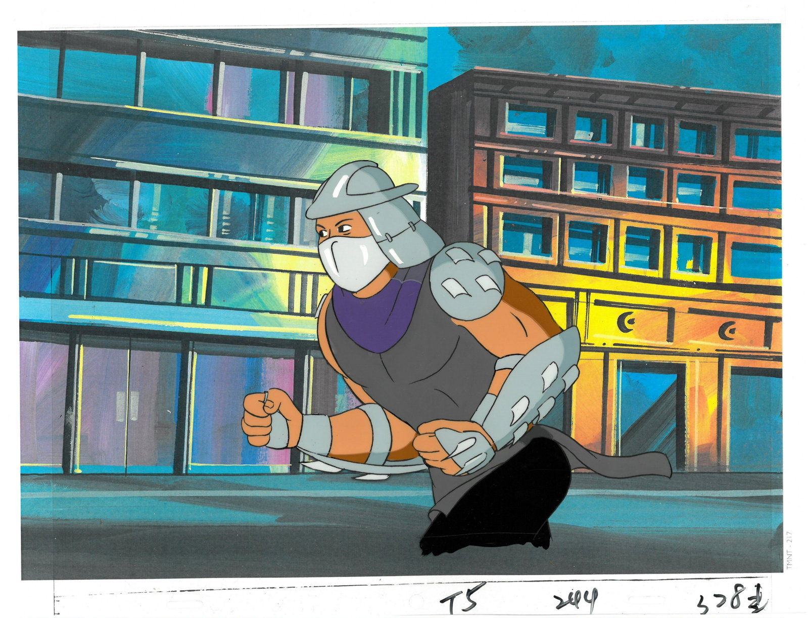 Shredder of (TMNT) Turtles- Original Production Cel: An original Teenage Mutant Ninja Turtle production cel. This cel depicts a frame from a scene in a Teenage Mutant Ninja Turtles cartoon episode. This frame features Splinter . Is produced by Murakami-