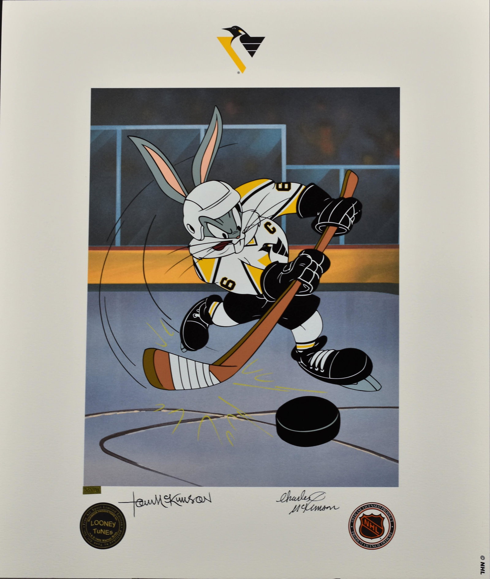 Pittsburgh Penguins Hockey Lithoserigraph Warner Bros.: A Pittsburgh Penguins hockey Themed Looney Tunes lithoserigraph titled " He Shoots, He Scores ", signed by deceased animators Tom and Charles McKimson. The original drawing was created by Warner Bros.