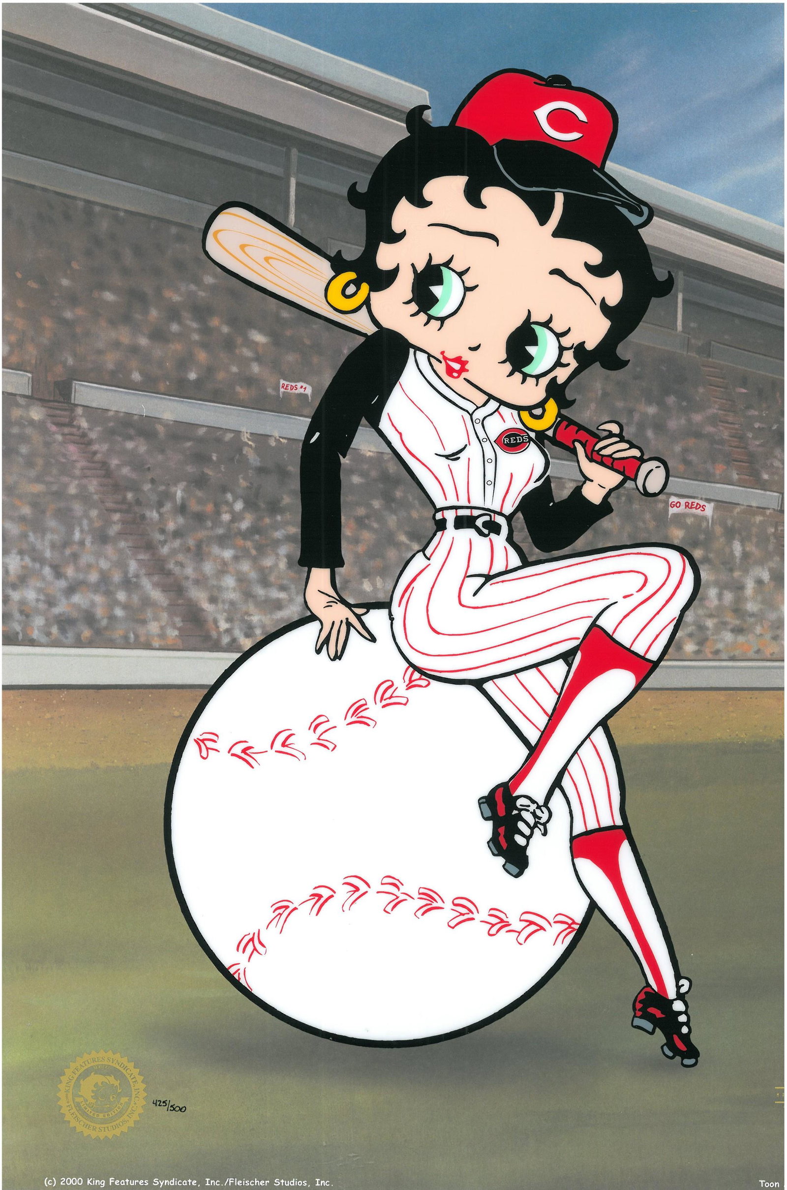 Cincinati Reds/Betty Boop Sericel: A signed limited edition Cincinnati Reds-themed sericel, featuring an image of Betty Boop entitled " Betty on Deck ", which depicts the character in a fitted Reds uniform, leaning against an oversized