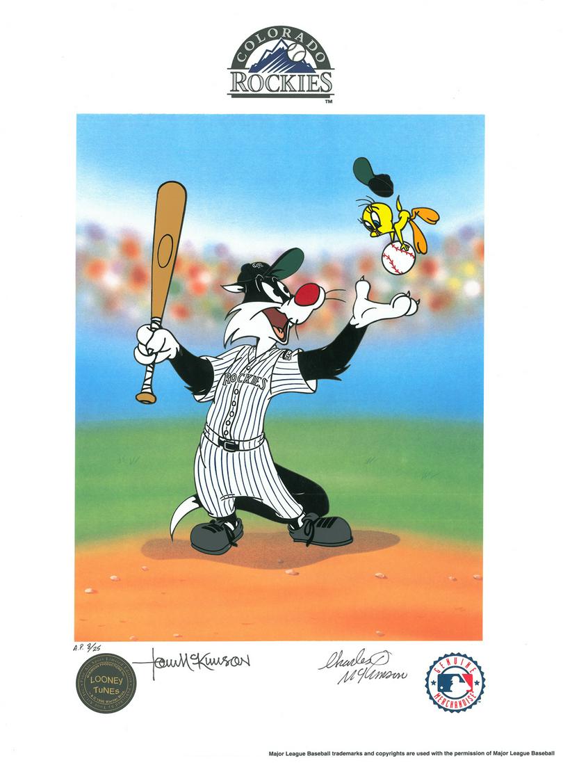 Colorado Rockies- Warner Bros. Lithoserigraph "Keep: A Looney Tunes lithoserigraph titled " Keep Your Eye on the Tweety " featuring the Colorado Rockies. This piece depicts Sylvester tossing up the ball that Tweety Bird is on. The original drawing was c