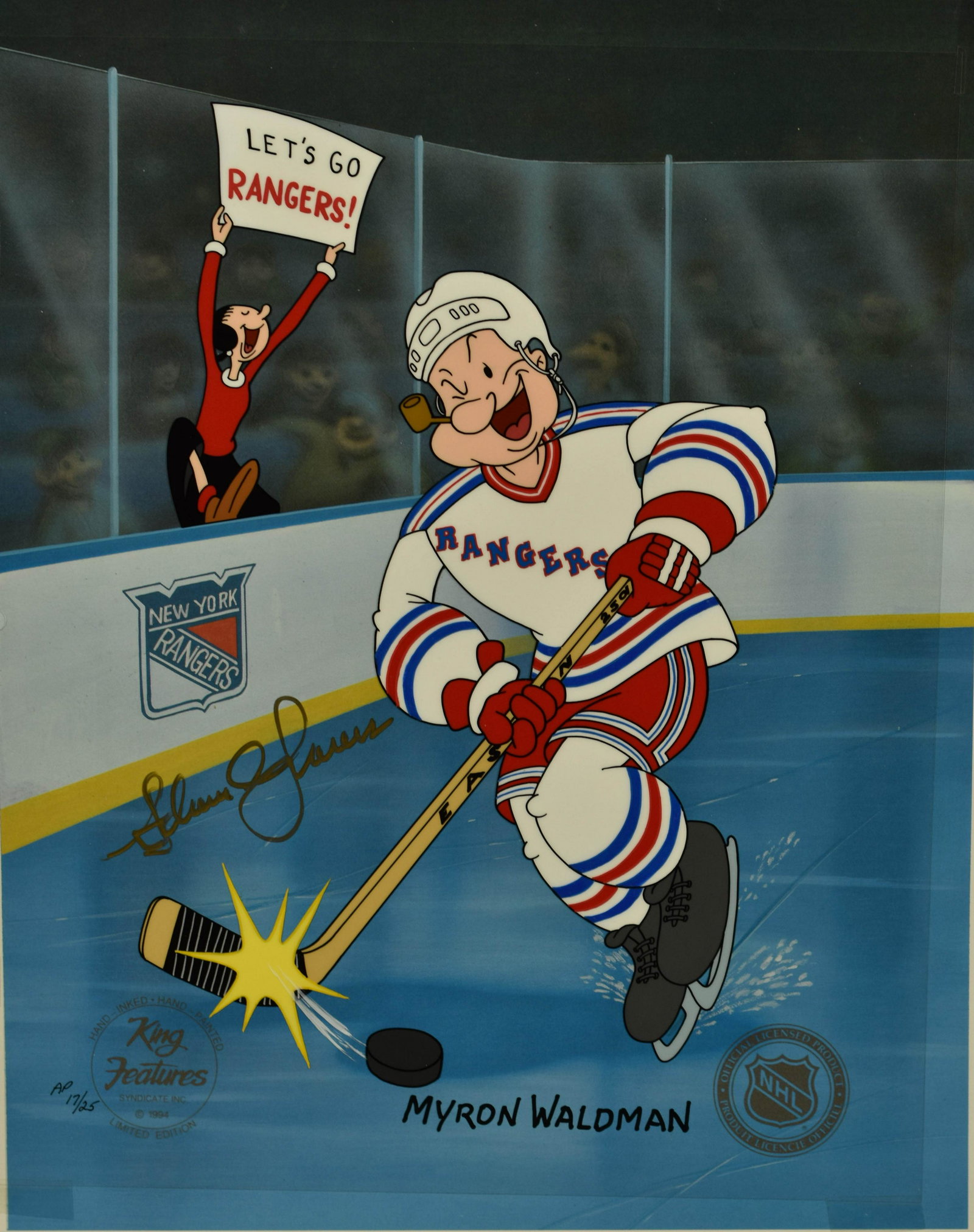 Popeye -Signed - New York Rangers: This original artwork was created and drawn by animator Myron Waldman and is entitled "Let's Go Rangers." Myron Waldman, a deceased animator, had over seven decades of experience in the field of anima