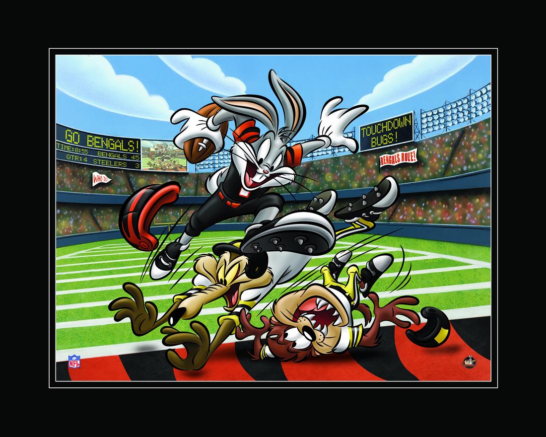 Cincinnati Bengals and Bugs Bunny -Warner Bros. Litho: A Warner Bros. lithograph entitiled " Touch Down Bugs " featuring Bugs Bunny as a Benglas player busting through the defense - Wile E Coyote, and Taz. Licensed. Comes Matted with a certificate of auth