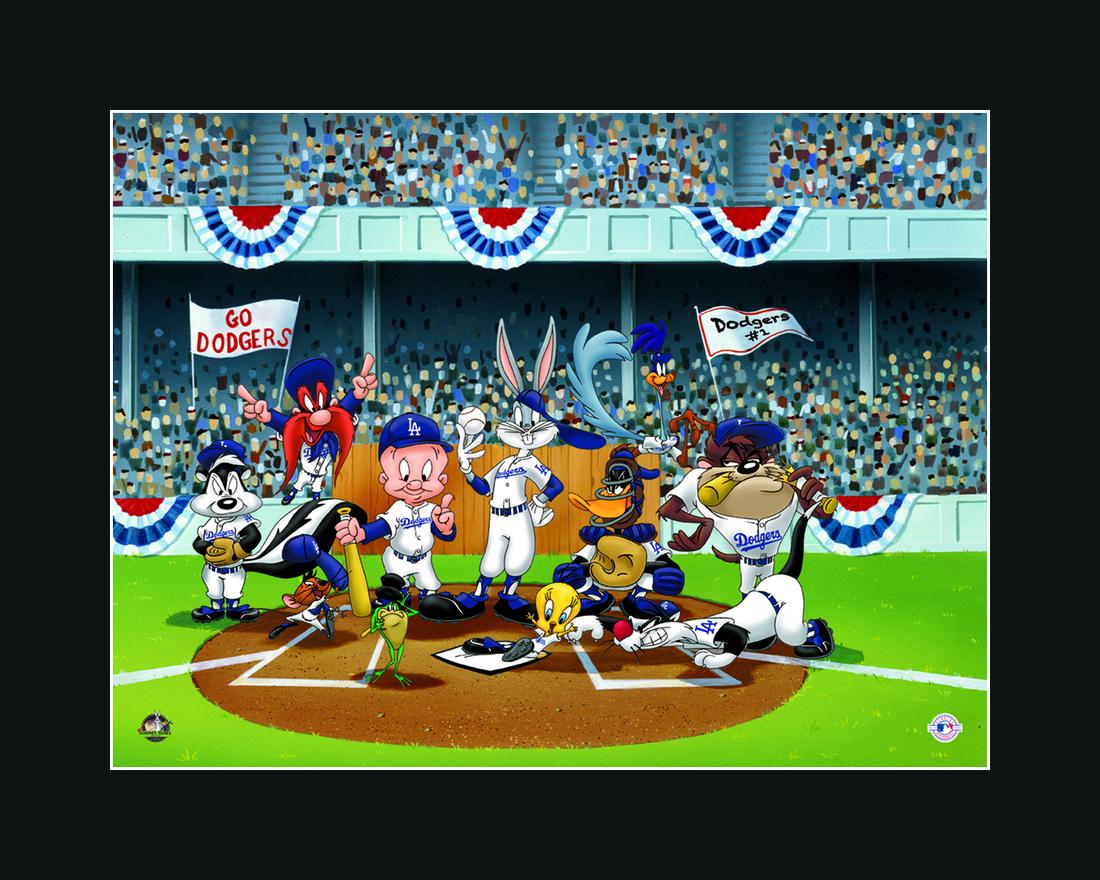 Looney Tunes Los Angeles Dodgers Line-Up Fine Art: A Warner Bros. Fine Art Giclee entitled " Line-Up At the Plate ." This image features the Looney Tunes dressed as Los Angeles Dodger players lined up on the field. Is licensed by both Warner Bros, and