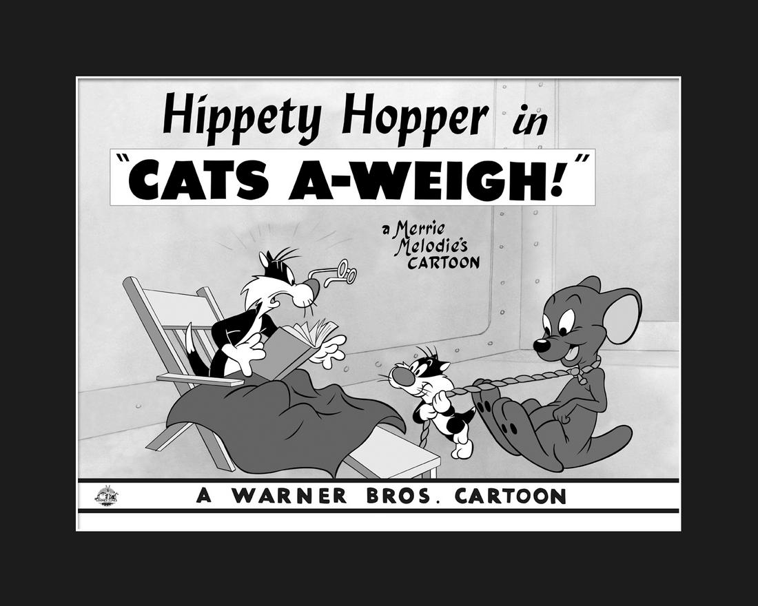 Warner Bros- Hippety Hopper - Cats A-Weigh Giclee: A Warner Bros. limited edition giclee entitled " Cats A-Weigh" (1953 ). Sylvester the Cat accepts a position as mouse-catcher on a ship and encounters Hippety Hopper being shipped from Australia. Limi