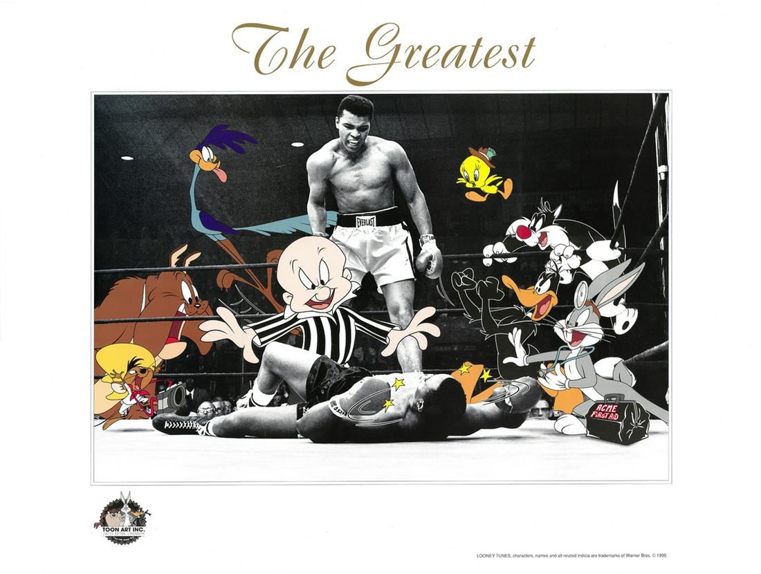 Muhammad Ali - Looney Tunes -The Greatest - Lithograph: A limited edition lithograph entitled " The Greatest. " This Looney Tunes inspired edition features the photo of the rematch between Muhammed Ali and Sonny Liston. Photo was taken on May 25, 1965 when