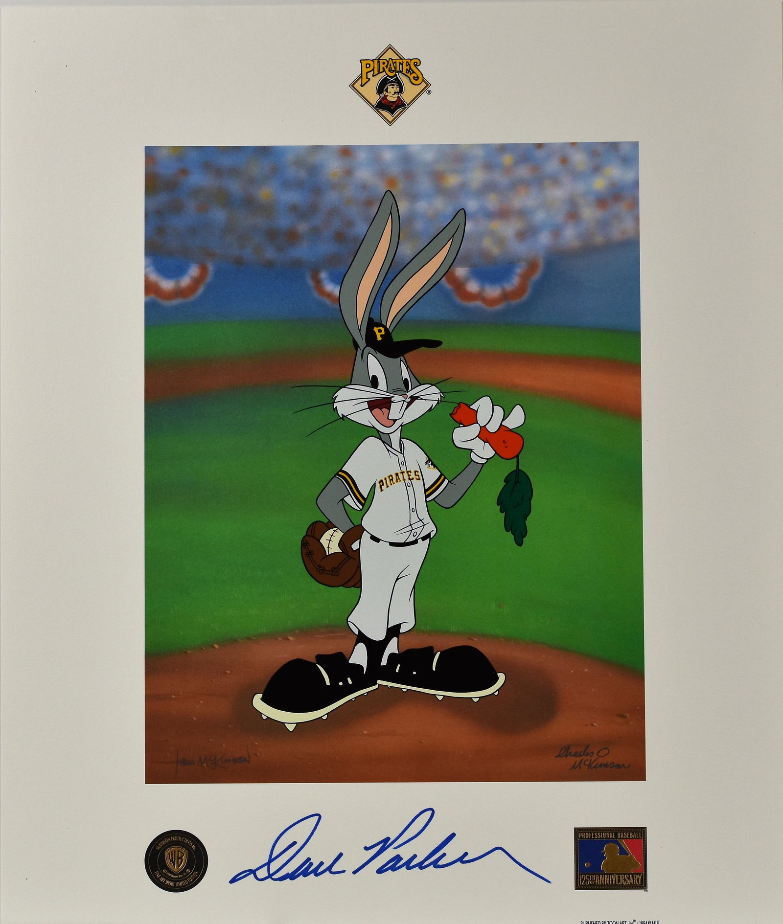 Pittsburgh Pirates & Warner Bros. Lithoserigraph: A Looney Tunes lithoserigraph titled " Now Pitching " featuring the Pittsburgh Pirates . This piece depicts Bugs Bunny dressed as a Pittsburg Pirates pitcher. The original drawing was created by decea