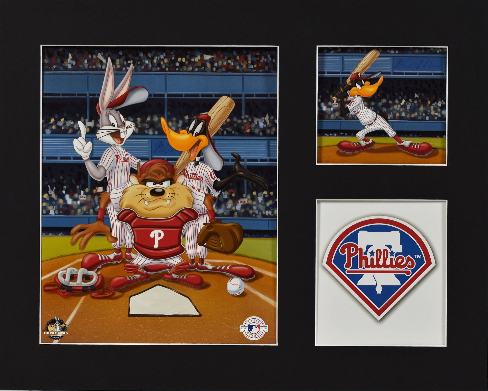 Warner Bros. Philadelphia Phillies Matted L.E.: A matted Warner Bros. Looney Tunes lithograph. This three image lithograph features a large image of Taz, Bugs Bunny and Daffy Duck dressed as Philadelphia Phillies players, the second smaller images 