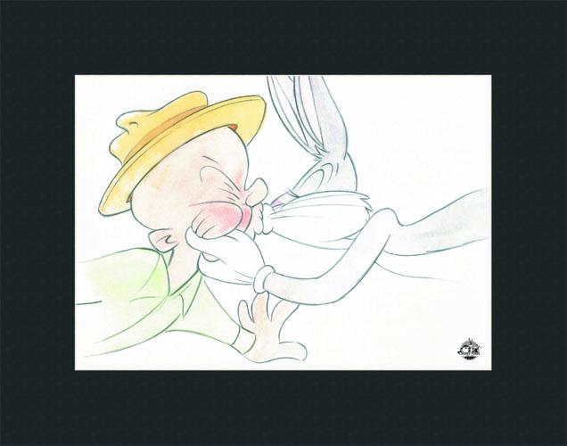 Bugs Kissing Elmer - L.E. Water Color Lithograph Matted: This 11x14 limited edition water color lithograph, licensed by Warner Bros. features Bugs Bunny giving Elmer Fudd a big smooth! COA Edition Size - 100 Presented Matted