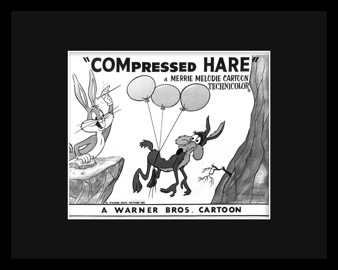 Wile E. Coyote & Bugs Bunny - Compressed Hare - Lobby: A Warner Bros. Looney Tune Lobby Card entitled "Compressed Hare." Compressed Hare is a technicolor cartoon released in 1961, it was directed by Chuck Jones. â€œCompressed Hare" stars Bugs Bunny an