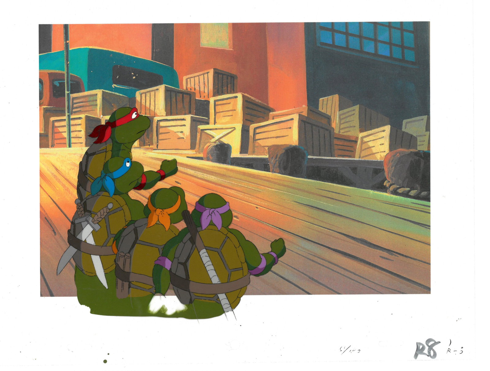 (TMNT) Turtles- Leonardo, Donatello, Michelangelo and: An original Teenage Mutant Ninja Turtle production cel. This cel depicts a frame from a scene in a Teenage Mutant Ninja Turtles cartoon episode. This frame features Leonardo, Donatello, Raphael and Mi