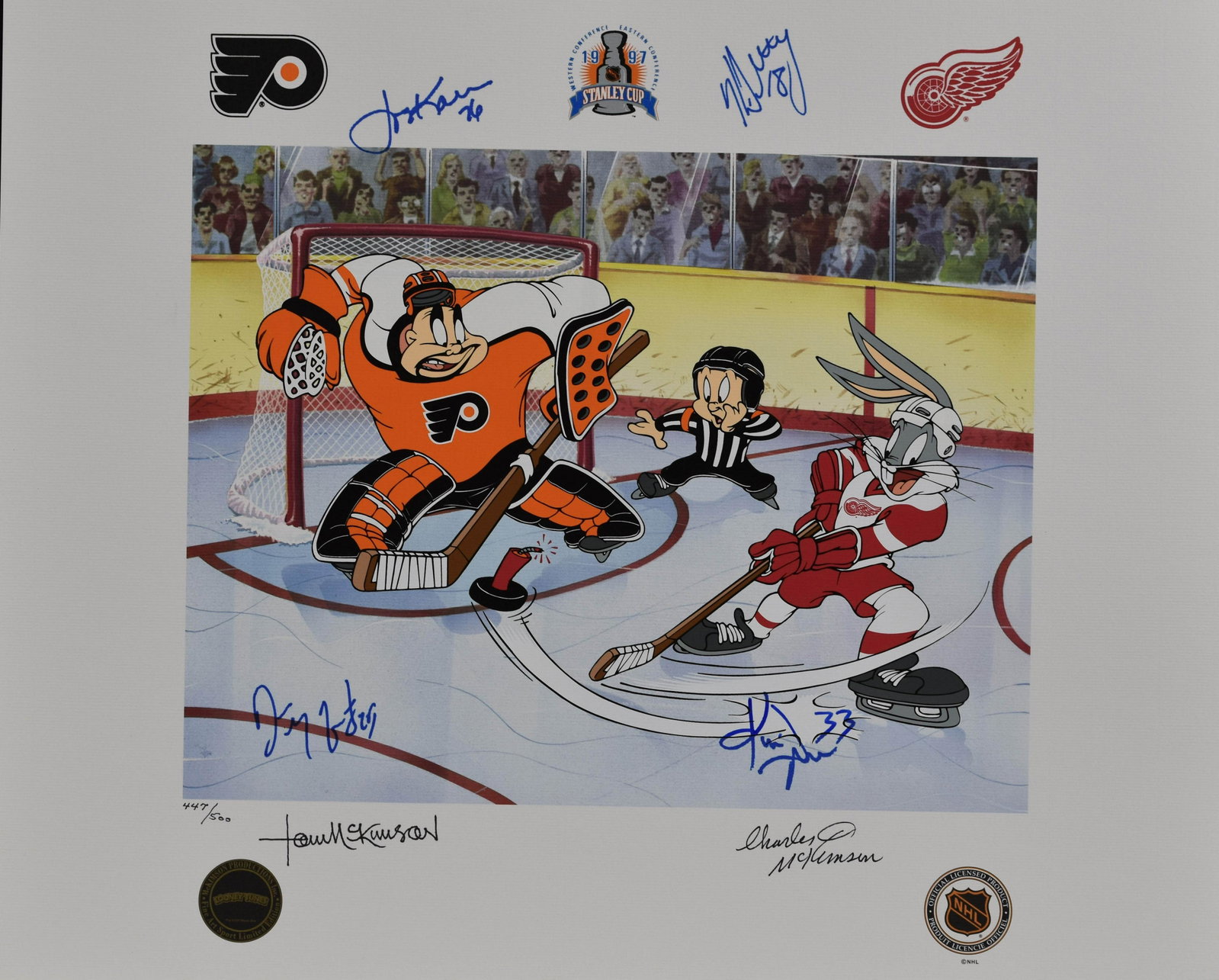 Detroit Red Wings/WB -Signed Warner Bros.: A limited edition lithoserigraph signed by animators Charles McKimson and Tom McKimson entitled " Bringing Home the Cup " featuring Bugs Bunny and autographed by Kris Draper (#33), Darren McCarty (#25