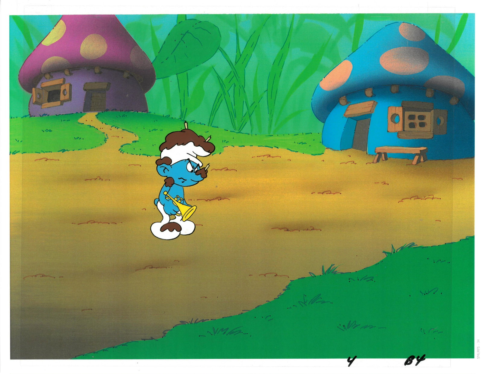 Smurfs - An Original Production Cel/Drawing -Harmony: This production cel with matching drawing was produced by Hanna-Barbera for the 1980's popular show " The Smurfs ." This scene features Harmony Smurf. Baby Smurf is registered to a lithograph backgrou