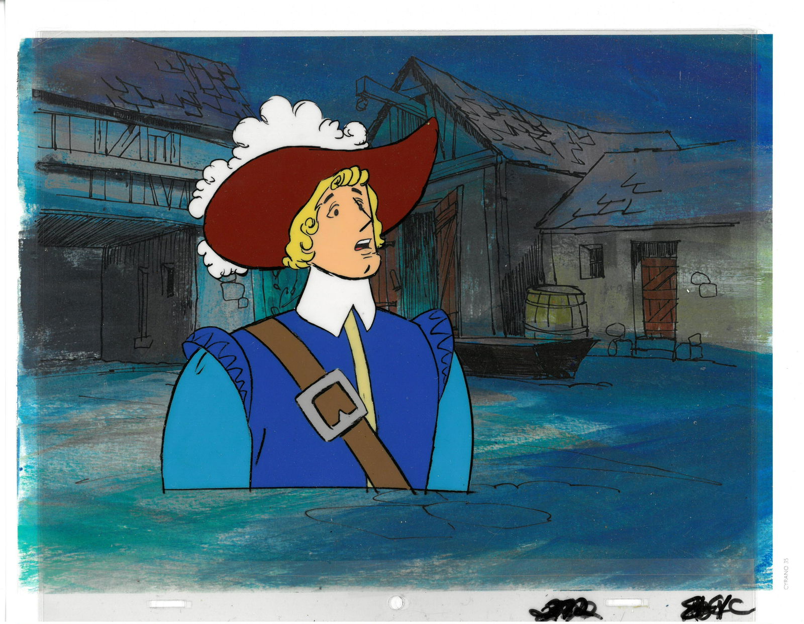 Cyrano de Bergerac - Original Production Multi-Cel: This original production multi-cel and matching drawing was used in the 1974 Hanna-Barbera Production of Cyrano de Bergerac . A long-nosed Cyrano, voiced by Jose Ferrer, helps an army officer woo Roxa